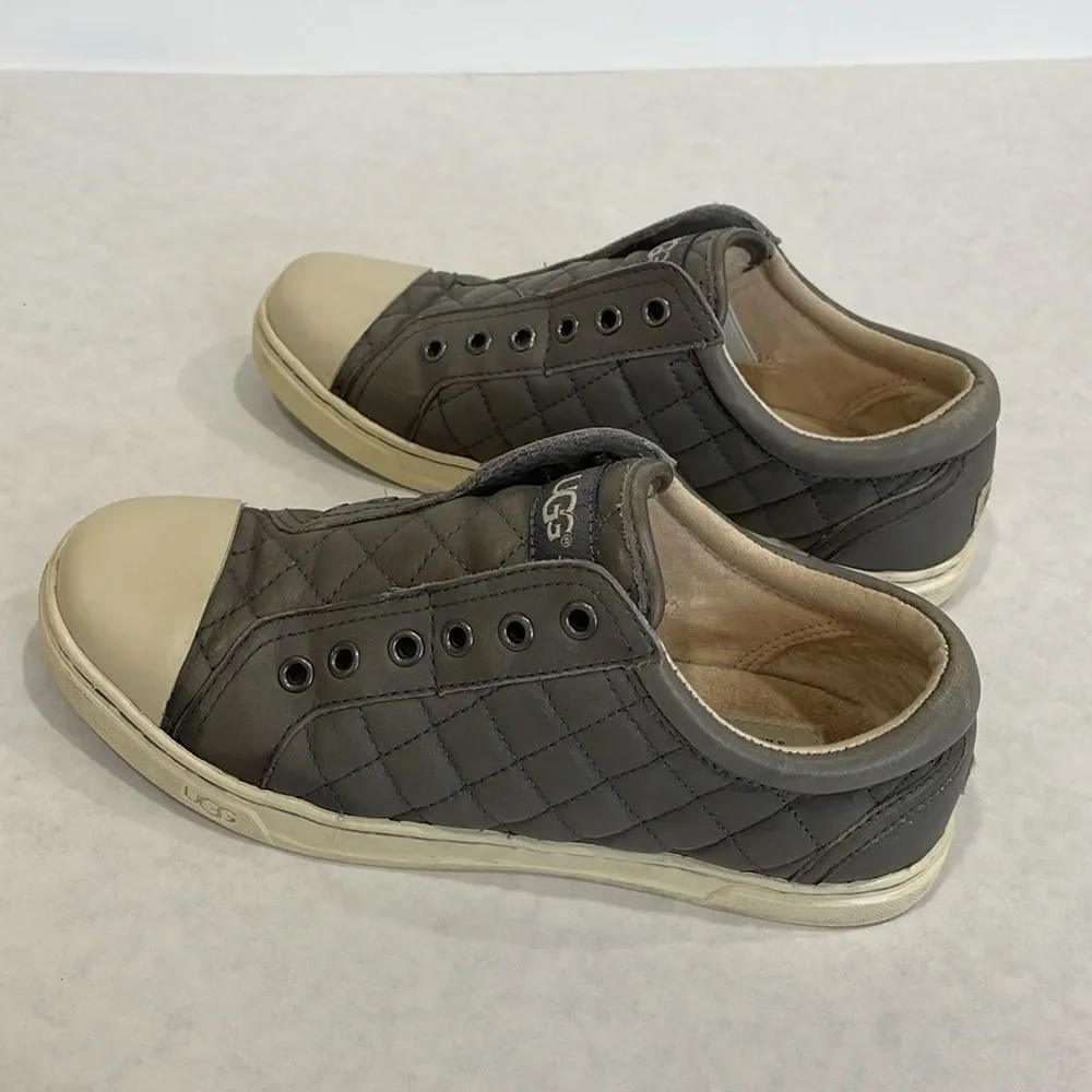 UGG Jemma Quilted Leather Sneakers Womens Size 6 Grey Slip On Low Top Slides